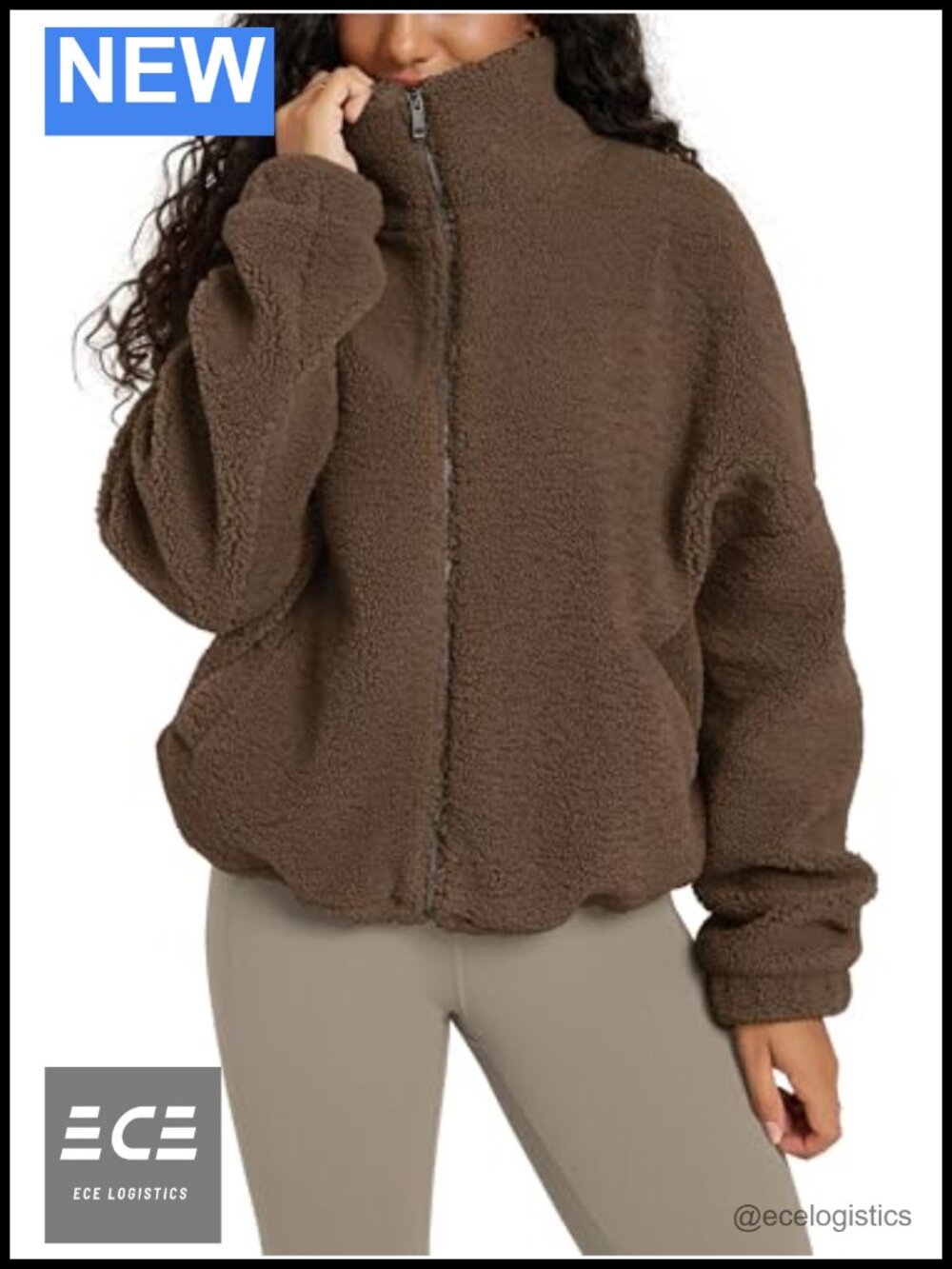 Sherpa Fleece Full-Zip Jacket Long Sleeve Cinchable Warm Coat with Pockets